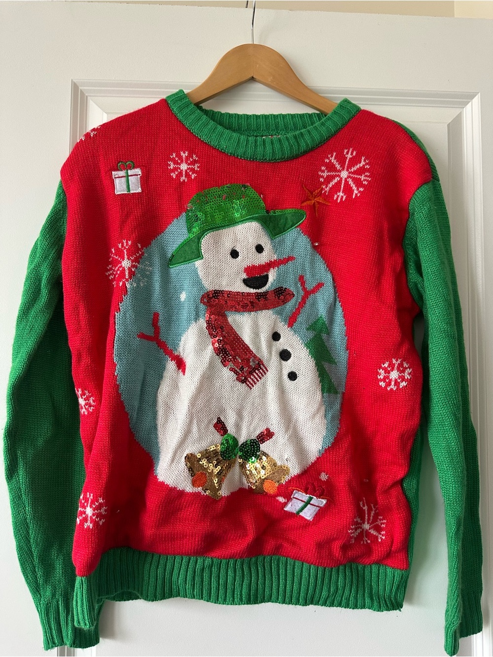 Unisex Red & Green Snowman Crewneck Holiday Sweater